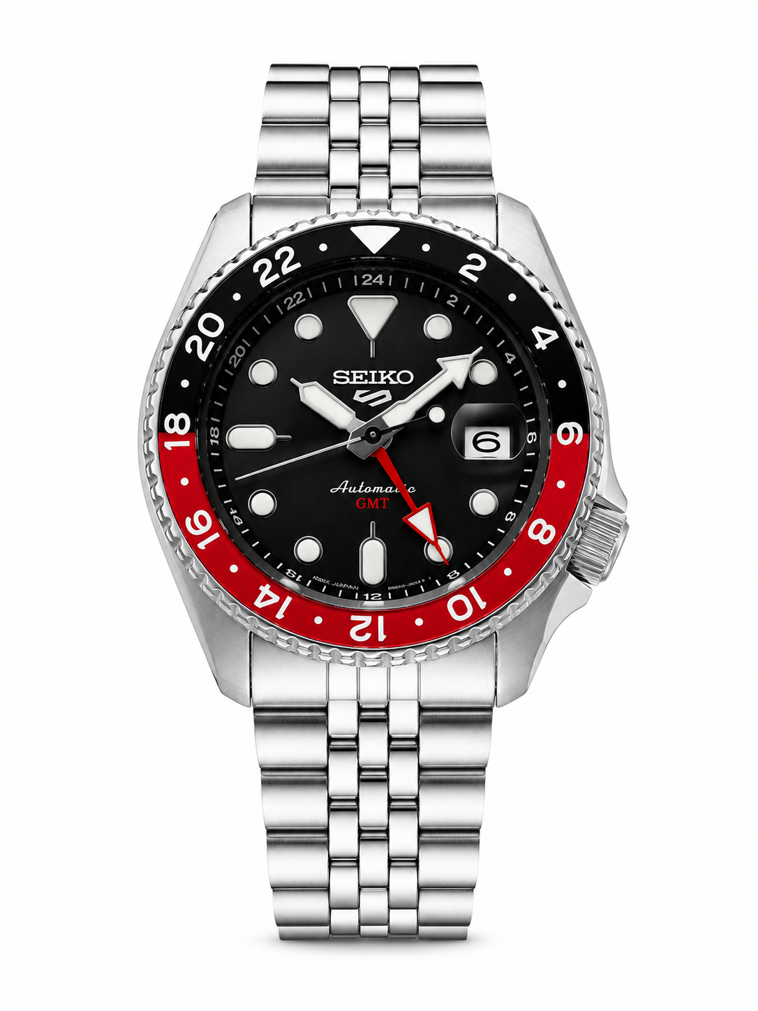Seiko 5 Sports GMT Black & Red Bi-Color Stainless Steel Watch