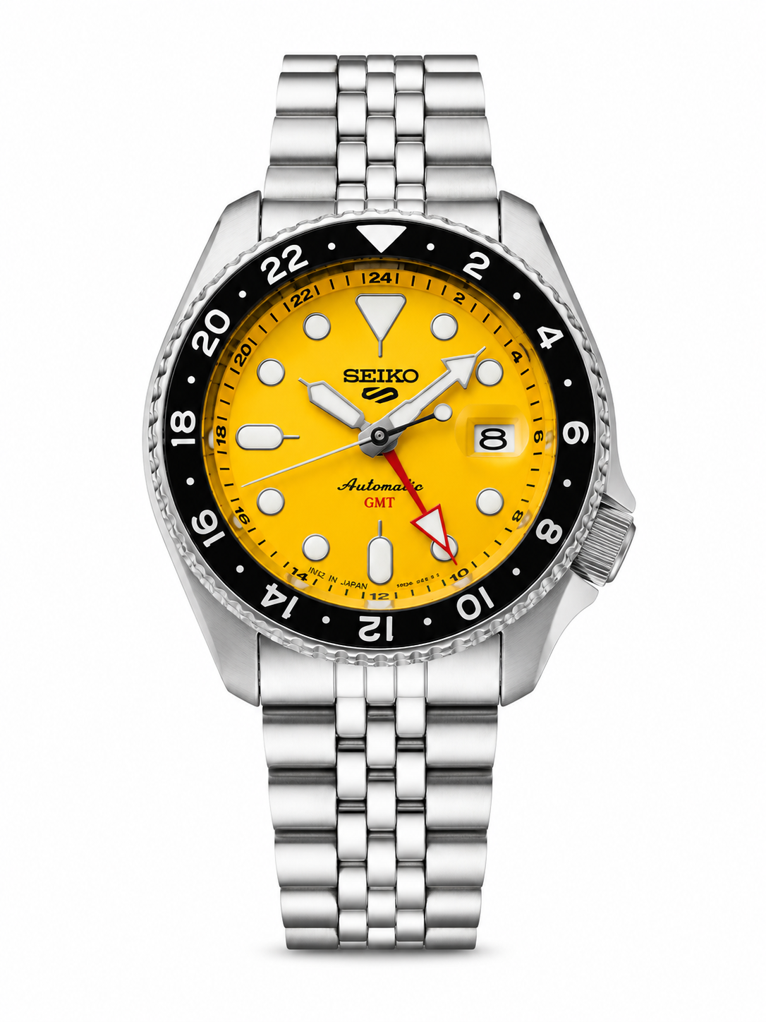 Seiko 5 Sports GMT Bright Yellow Jubilee Style Stainless Steel Bracelet Watch