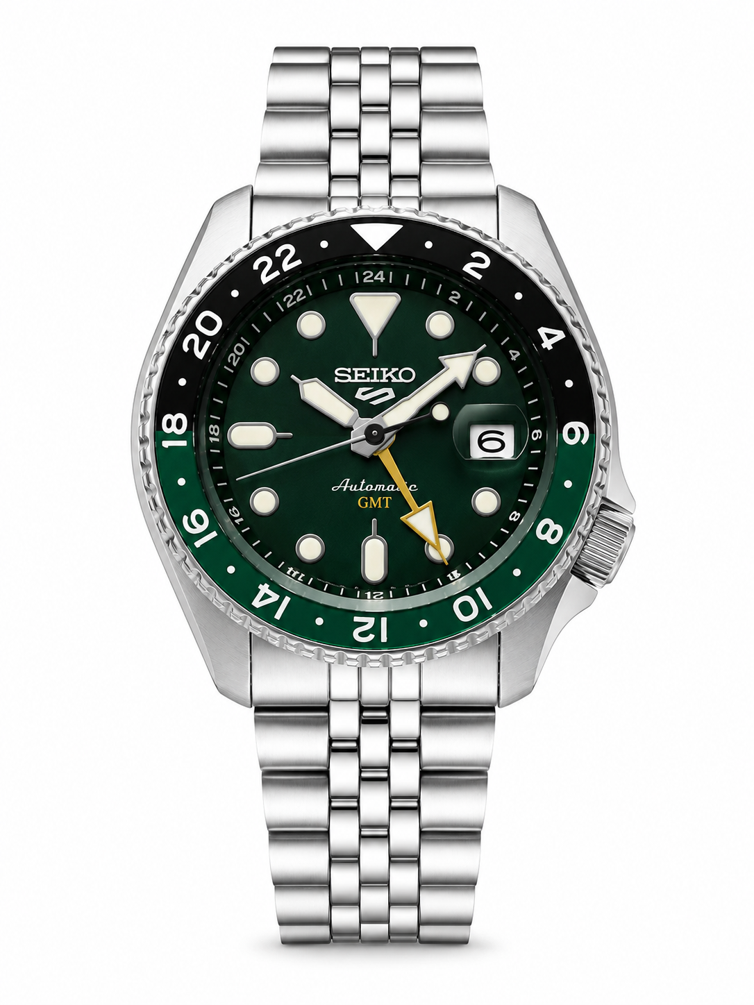 Seiko 5 Sports GMT Green Sunburst Dial Jubilee Style Stainless Steel Watch