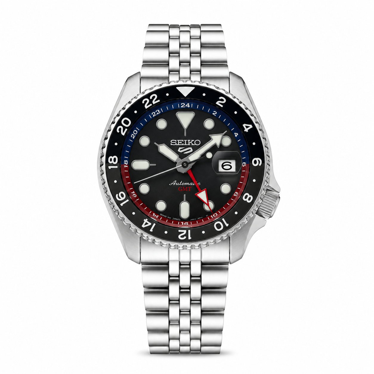 Seiko 5 Sports GMT Textured Black Grey Jubilee Style Stainless Steel Bracelet Watch