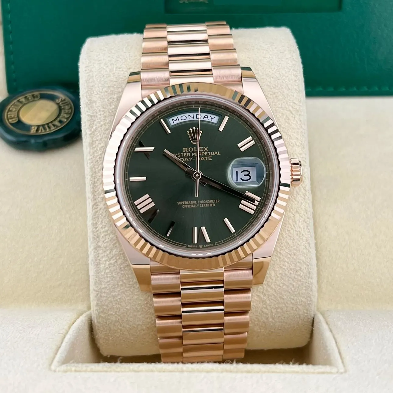 2023 Rolex Day-Date 40 Rose Gold / Fluted / Olive-Green / Roman / President