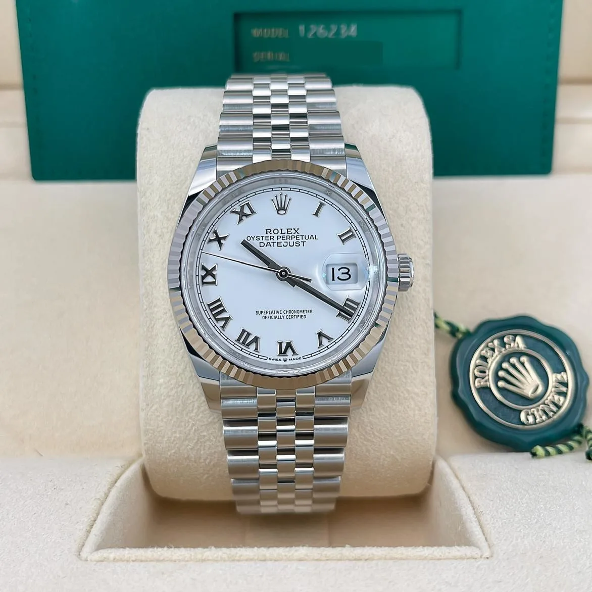 2022 Rolex Datejust 36 Fluted / White / Roman / Jubilee